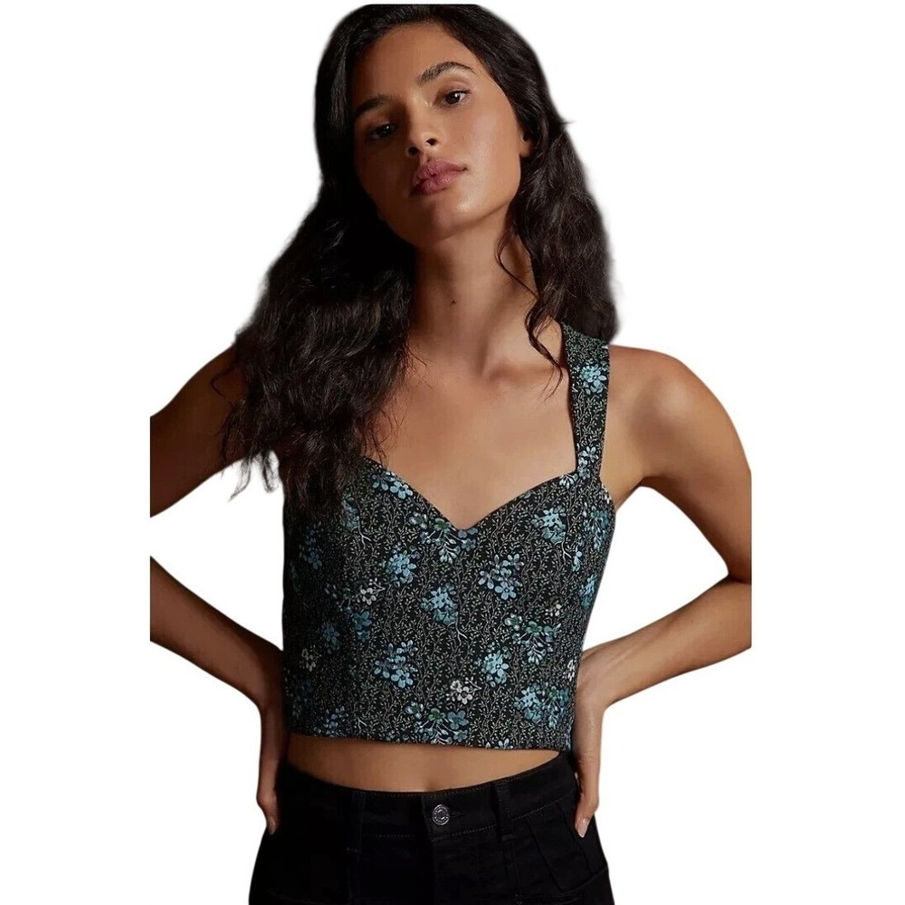 SACHIN & BABI x ANTHROPOLOGIE Floral Jacquard Corset Black Blue Tank Top‎ Size L